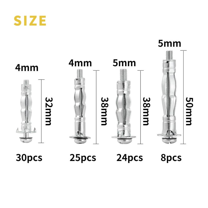 MAEXXNA Hollow Wall Anchor Heavy Duty Zinc Plated Steel Bolt Hollow Drive Wall Anchor Screw Set for Drywall,Multiple Sizes Assortment Kit (4size88pcs) - Image 2